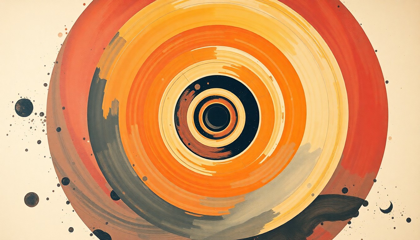 A bold, abstract painting in soft blues, greens, and purples featuring sweeping geometric arcs, concentric circles, and precise botanical spirals, conceptually representing the complex forces and concepts of space travel.