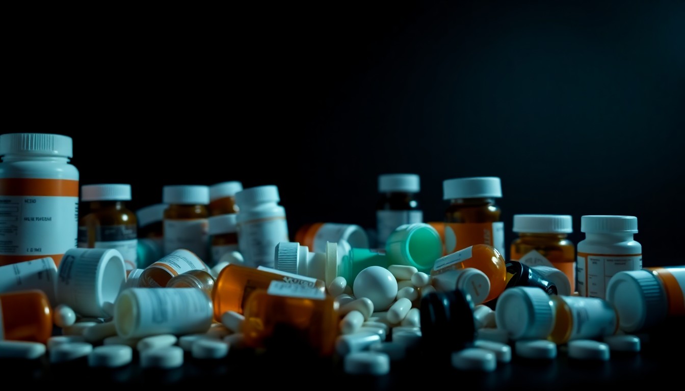 An extreme close-up photograph of a pile of prescription pill bottles and medical equipment against a pitch-black background, conceptually representing the scale and gritty nature of a healthcare fraud investigation.