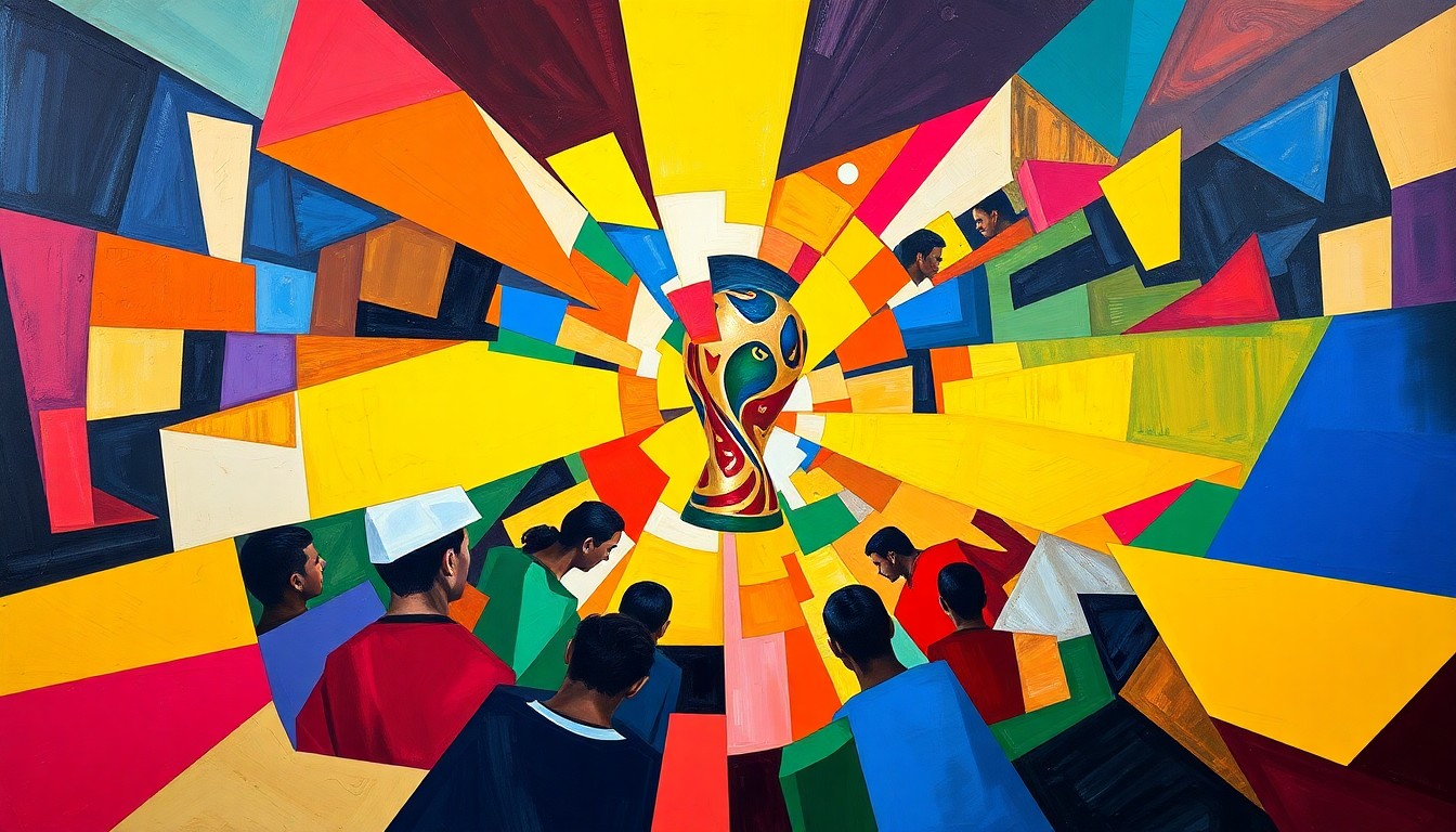 A cubist, geometric painting in vibrant colors depicting the chaotic and frustrating experience of purchasing tickets for the 2026 World Cup, with overlapping planes and fragmented shapes representing the disjointed and misleading information provided by FIFA.