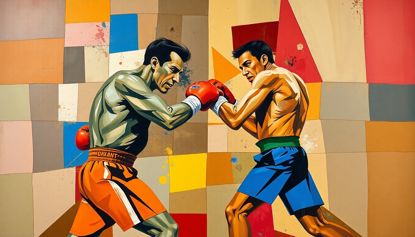 A cubist, geometric painting depicting a boxing match, with sharp, overlapping planes of color and form representing the raw energy and intensity of the sport.