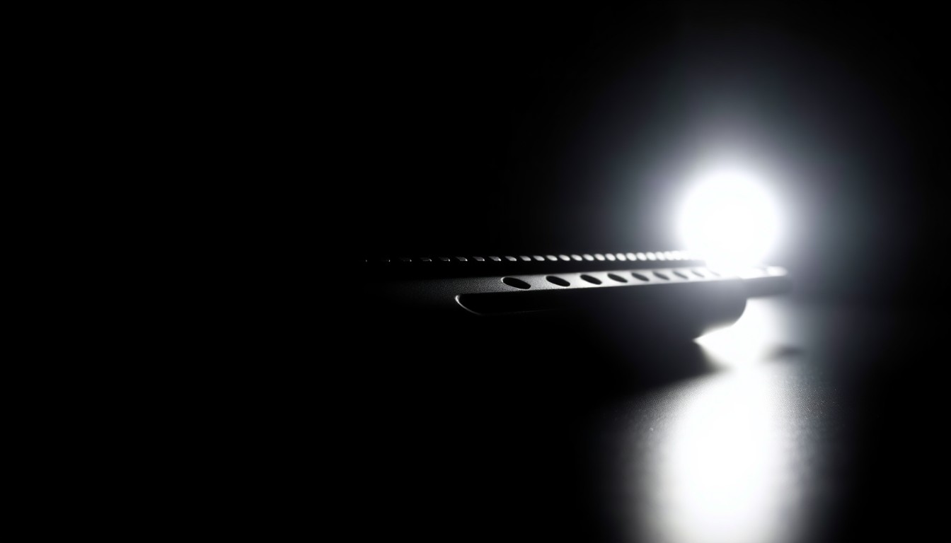 An extreme close-up of a semiautomatic rifle magazine against a stark black background, the harsh flash creating a gritty, investigative mood around the central crime-related object.