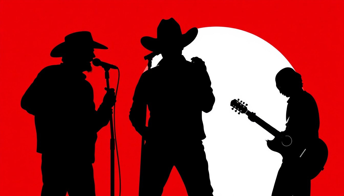A striking, minimalist illustration featuring bold black silhouettes of a country singer, microphone, and guitar against a high-contrast red and white background, capturing the energy and authenticity of Cody Johnson's music.