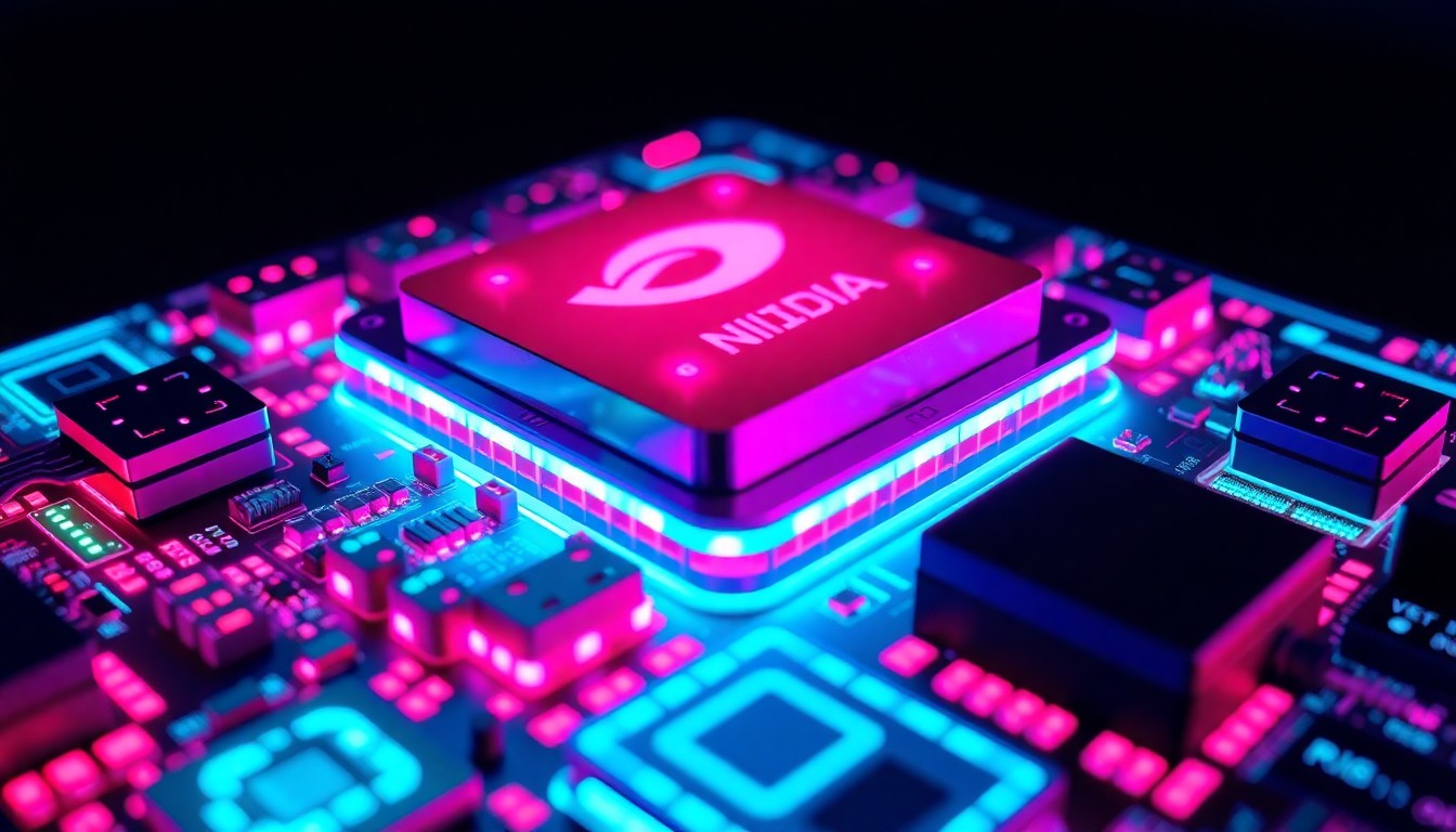 A highly detailed, glowing 3D illustration of NVIDIA's new semiconductor hardware, featuring intricate circuits and components illuminated by vibrant neon lights, conceptually representing the company's technological innovations powering the AI industry.