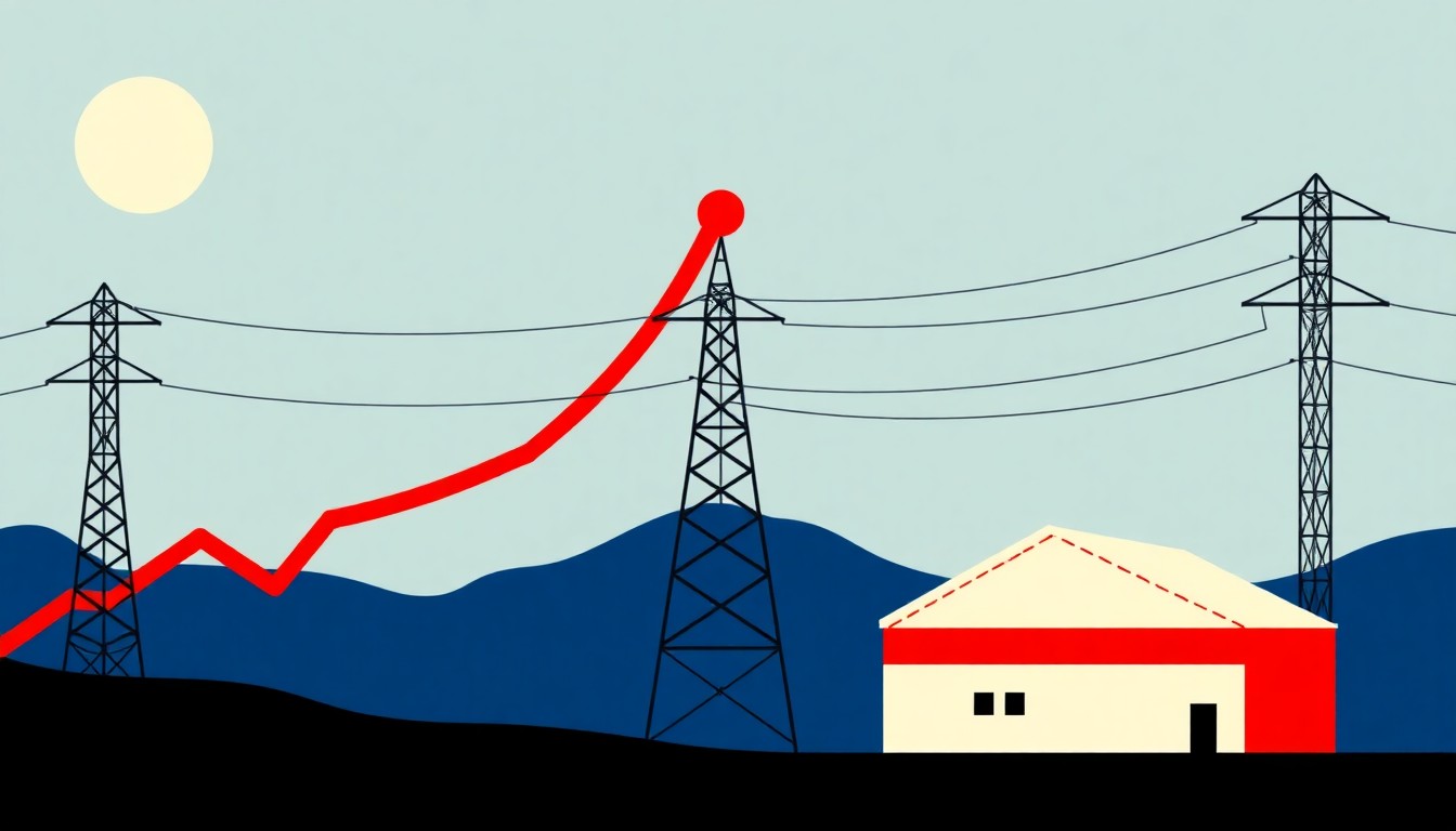 A minimalist illustration composed of bold geometric shapes in primary colors, conceptually representing the rising electricity costs burdening West Virginia residents despite the state's abundance of energy resources.