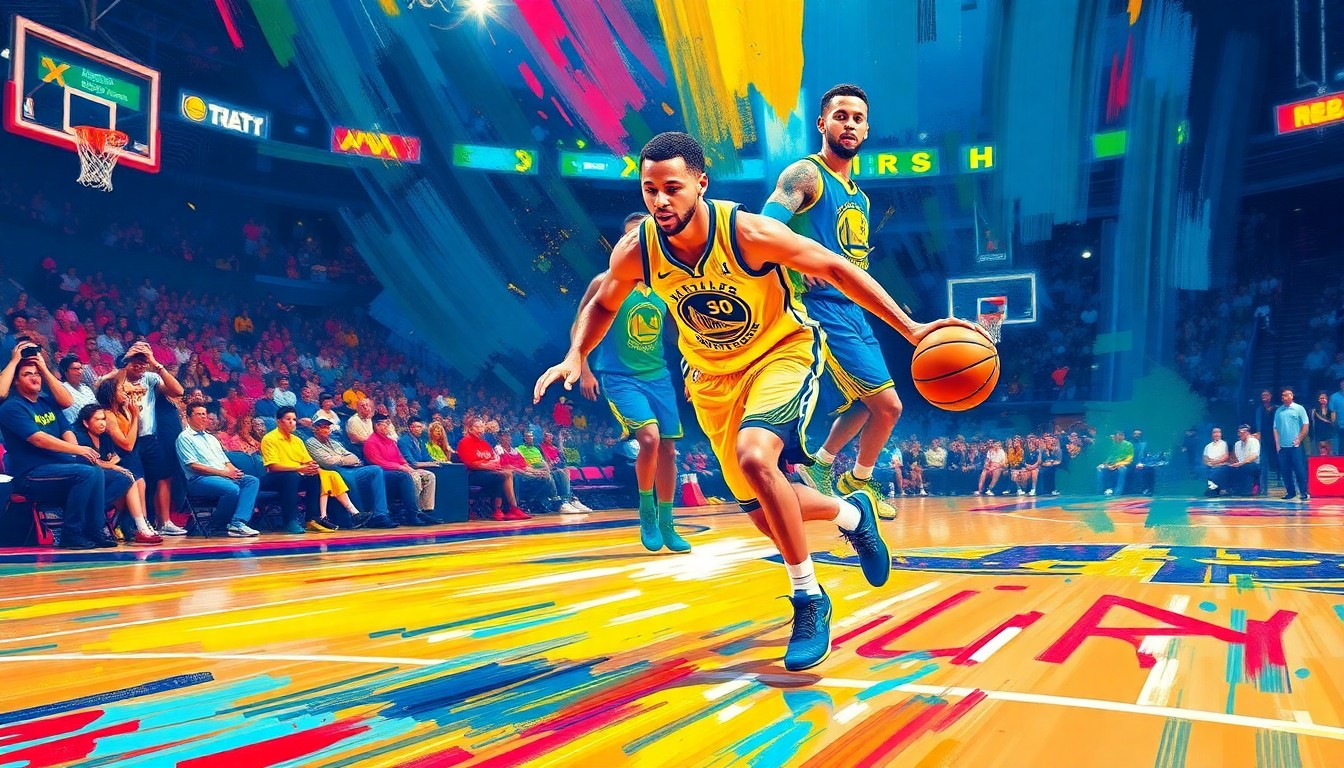A dynamic, abstract painting in neon colors depicting the explosive movement and energy of a basketball player, conceptually representing Stephen Curry's athletic abilities.