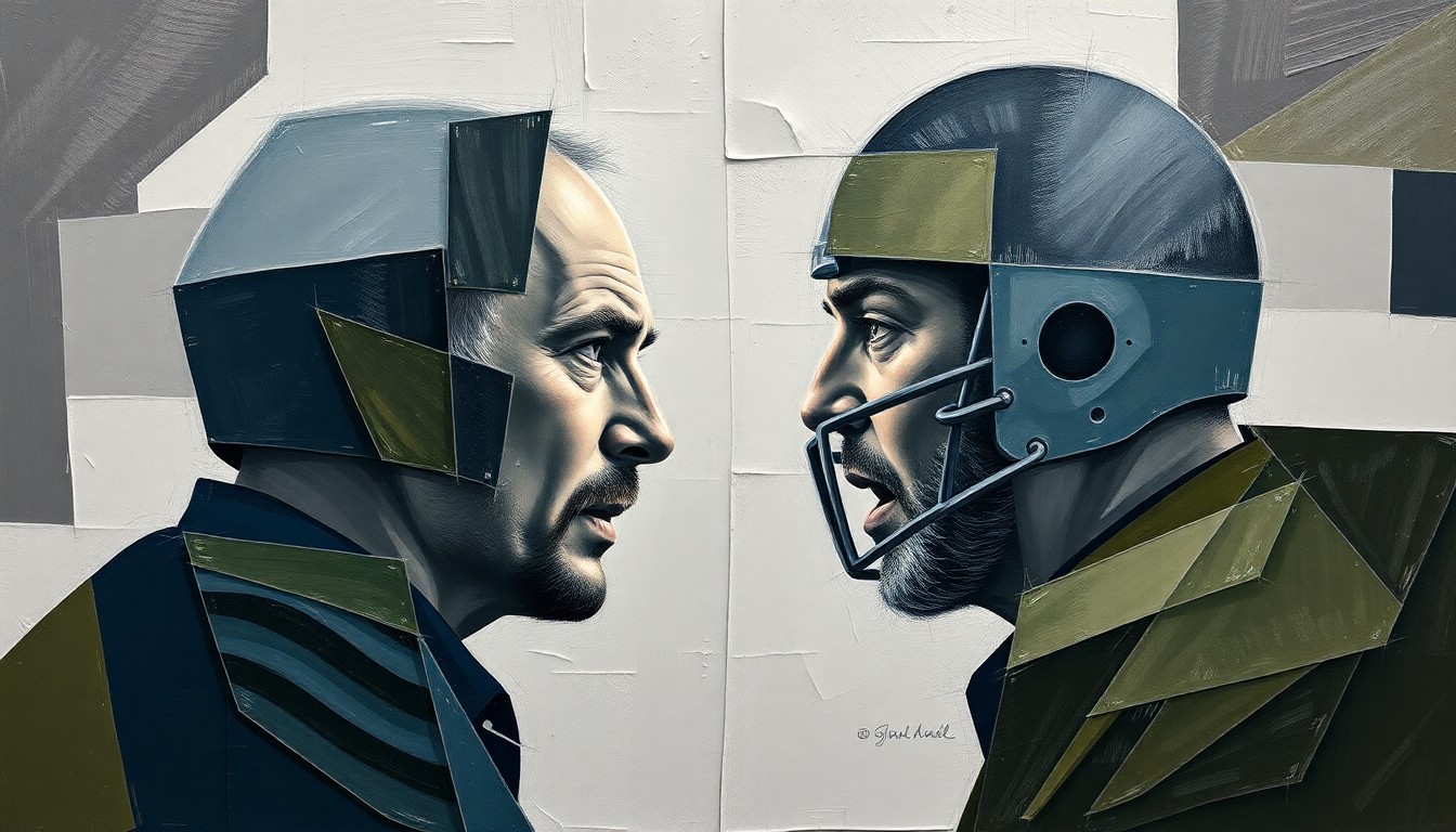 A cubist, geometric painting depicting the confrontation between Jon Gruden and the NFL in an abstract, fragmented style, using muted tones of gray, navy, and olive green.