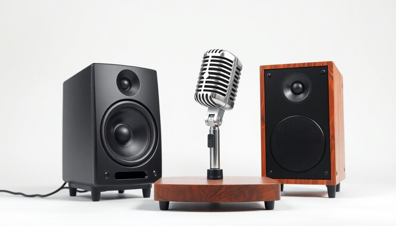 A photorealistic studio still life featuring sleek, premium music equipment arranged in a minimalist, editorial composition to represent the competitive forces at play in the live entertainment industry.