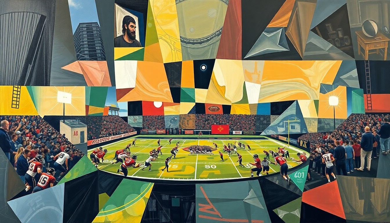 A fragmented, geometric painting depicting the action and movement of a high school football game, with players and the field broken down into sharp, overlapping shapes and planes.