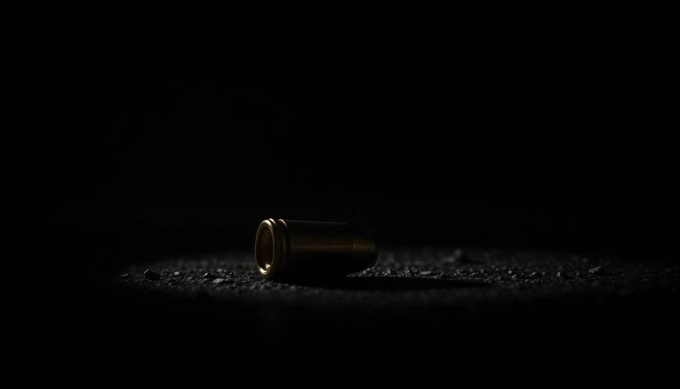 An extreme close-up photograph of a single spent shell casing on the ground, reflecting bright light from a harsh camera flash against a dark background, conveying a stark, gritty investigative mood around a tragic act of gun violence.