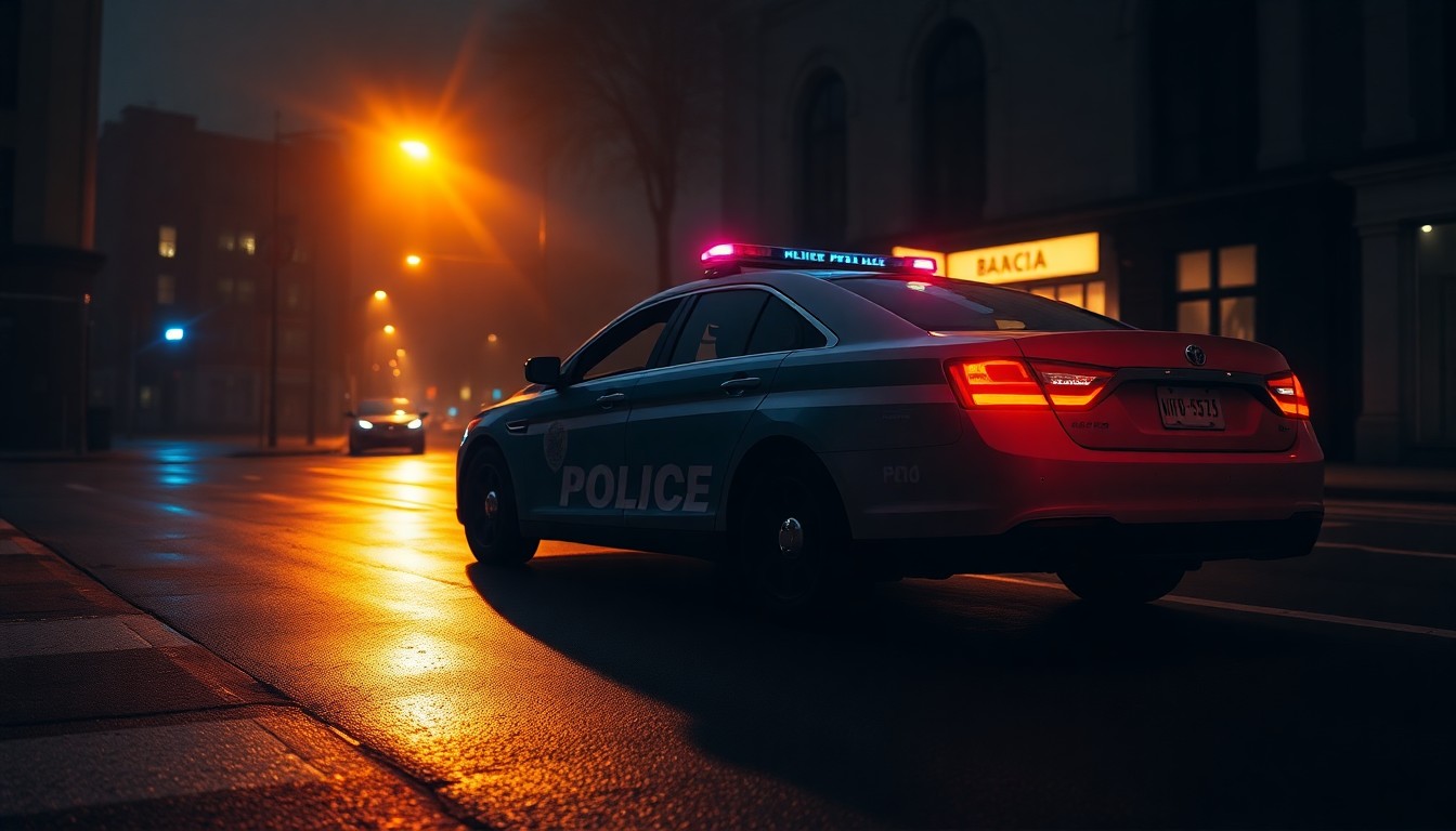 A cinematic painting of a solitary police car parked on a dimly lit city street, its red and blue lights reflecting off the wet pavement. The scene is bathed in warm, diagonal sunlight and deep shadows, capturing a sense of quiet tension and the weight of law enforcement responsibility.