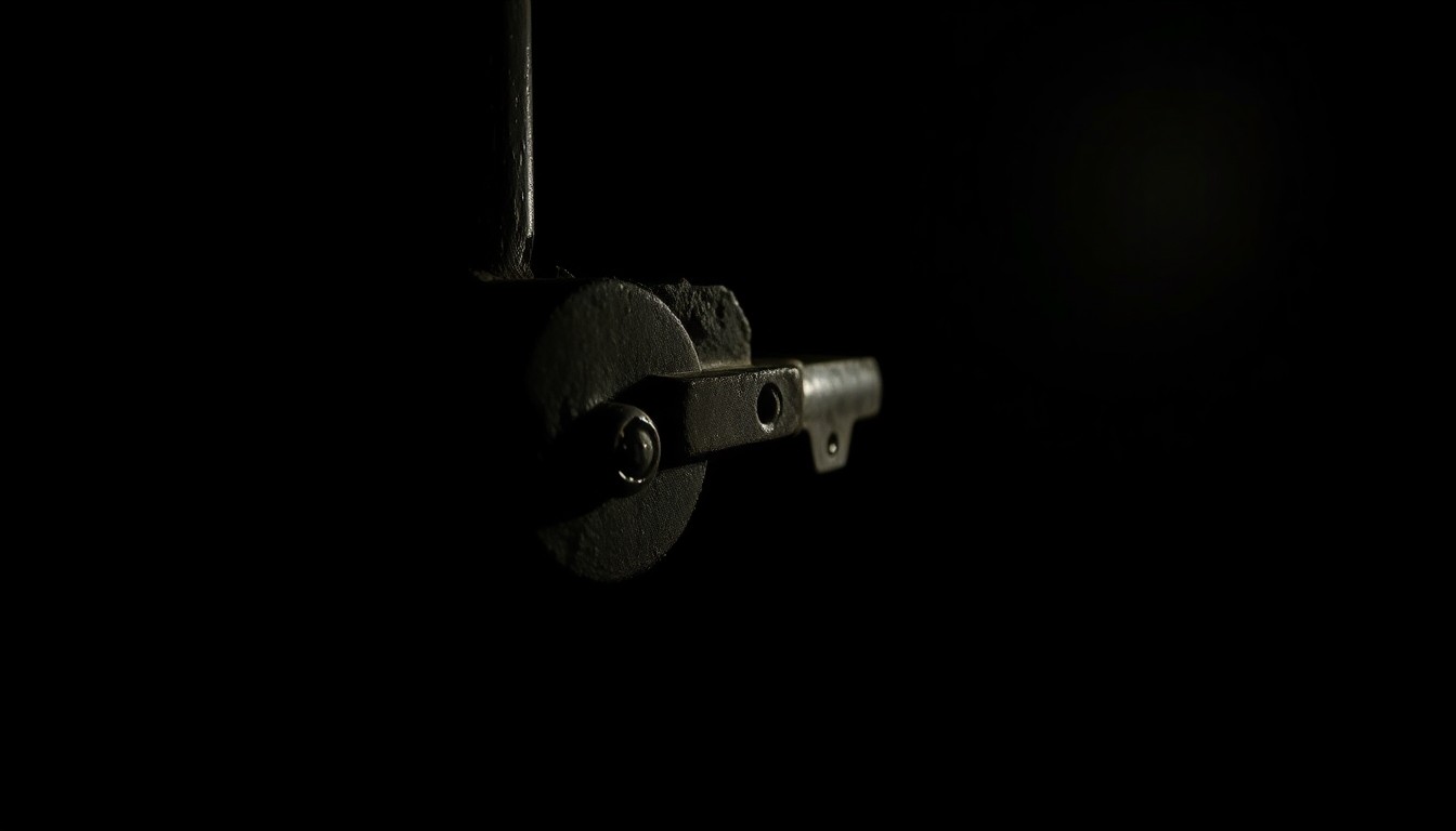 An extreme close-up photograph of a worn, weathered door lock mechanism, lit by a harsh, direct camera flash against a pitch-black background, conceptually illustrating the harsh realities of a violent crime investigation.