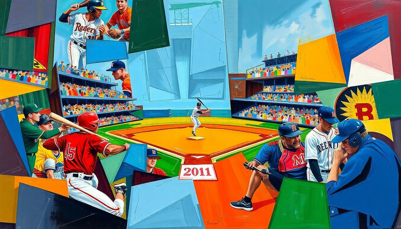 A fragmented, geometric painting in bold colors depicting various baseball actions and elements, conveying the conceptual themes of the story without any identifiable people, places, or logos.