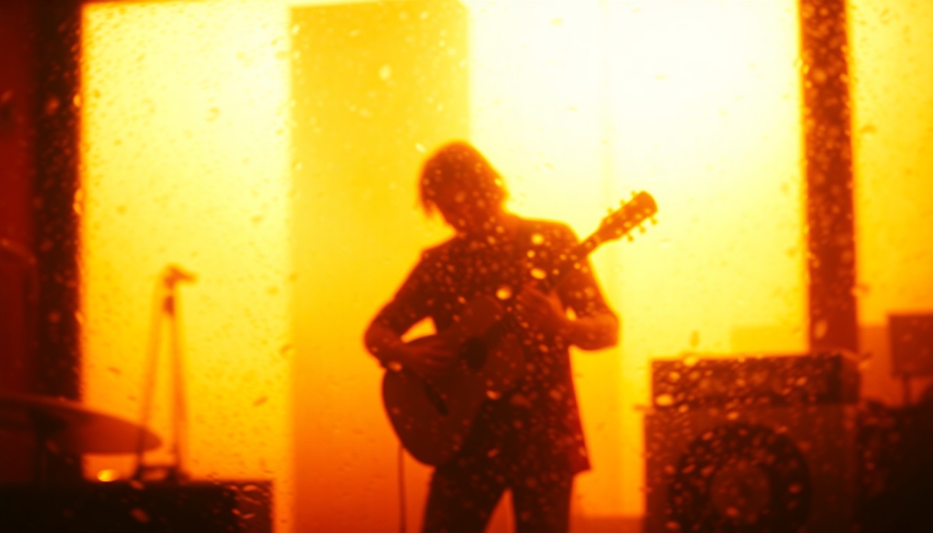 An extremely blurred, impressionistic photograph featuring a silhouetted figure playing a guitar, conveying the musical passion and creative energy that defined Robert H. Walpole III's life.