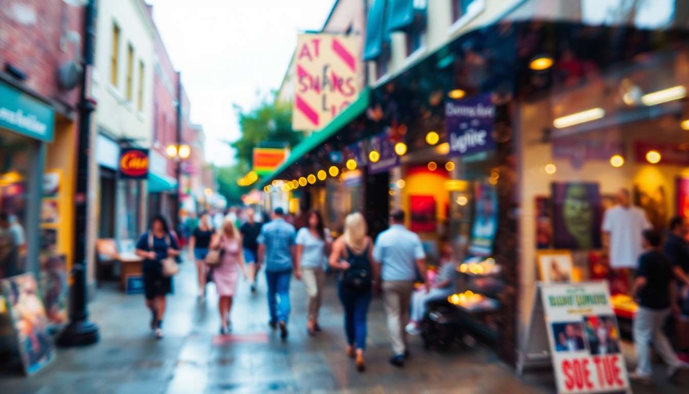 An impressionistic, out-of-focus photograph showing the blurred silhouettes of people walking along a colorful, lively street, capturing the festive atmosphere of an arts festival.