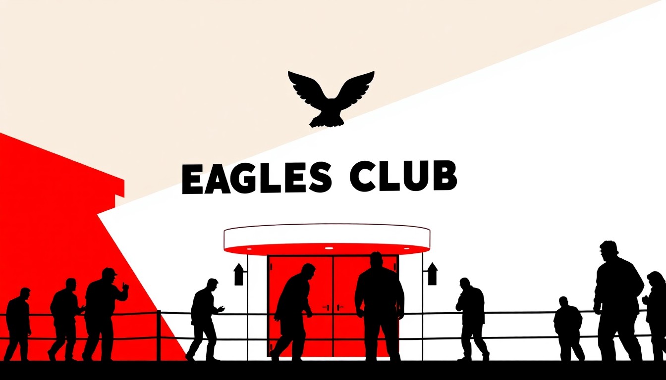 A striking black and red abstract illustration featuring jagged geometric shapes and silhouettes, conceptually representing the iconic Berwyn Eagles Club wrestling venue and the controversy that led to its closure.
