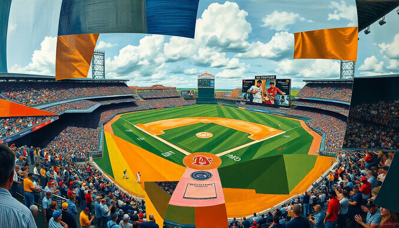 A cubist, geometric painting depicting a fragmented baseball game, with players and field elements broken down into overlapping angular shapes and planes, conveying a sense of transition and uncertainty surrounding the program.