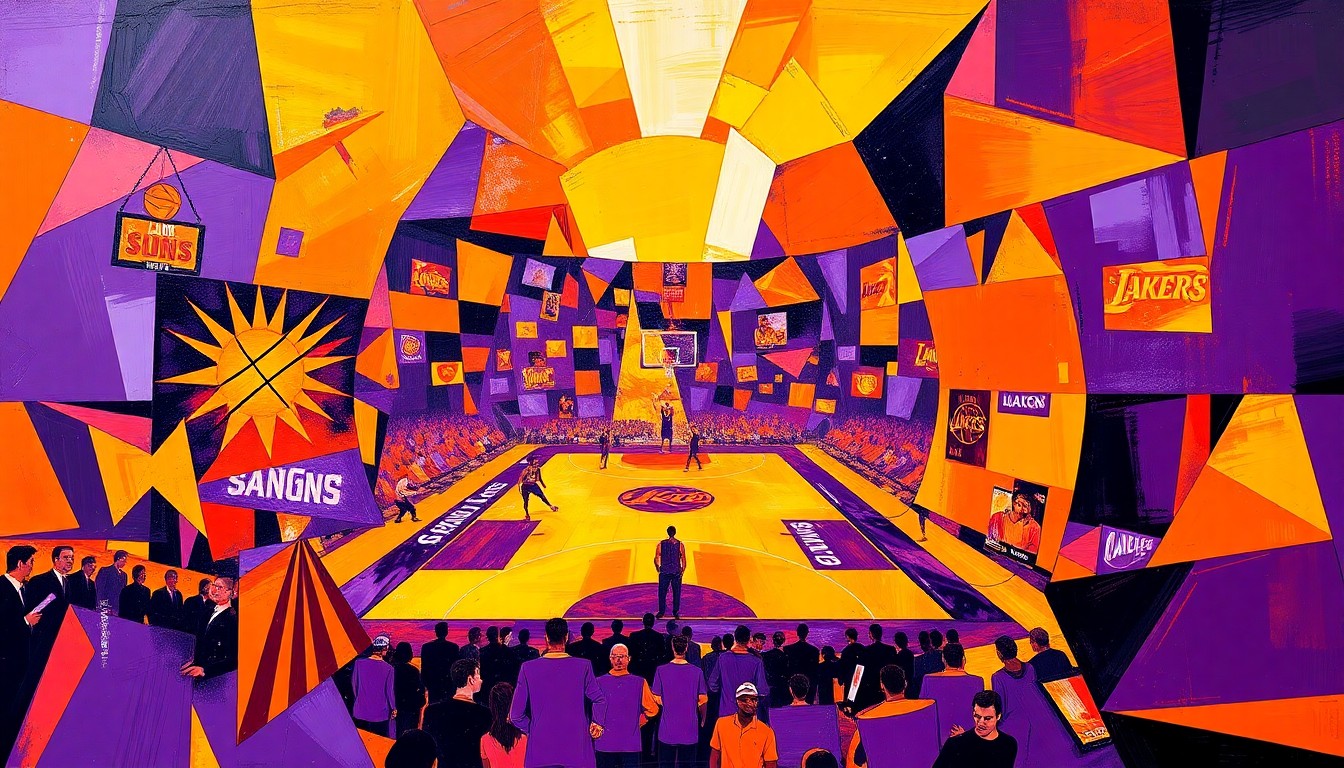 A cubist, geometric painting depicting a basketball game between the Phoenix Suns and Los Angeles Lakers, with the players and court broken down into sharp, overlapping shapes and planes in vibrant colors.