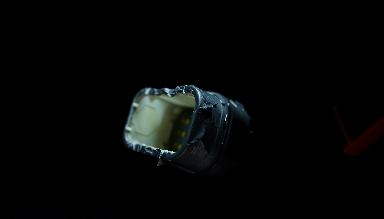 An extreme close-up photograph of a crushed car component, capturing the stark and gritty aftermath of a violent carjacking incident.