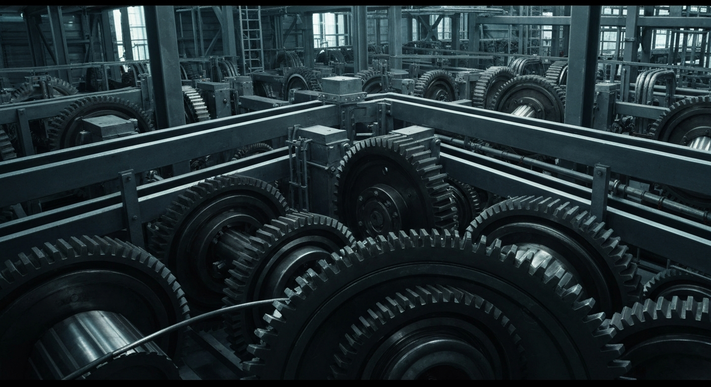 An extreme close-up of the complex machinery and conveyor belts inside an Amazon fulfillment center, conveying the scale and sophistication of the company's logistics operations.