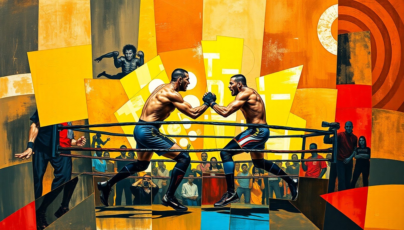 A cubist, geometric painting depicting the fragmented action of a wrestling match, with sharp, overlapping planes of color representing the competitive forces at play between the two wrestlers.