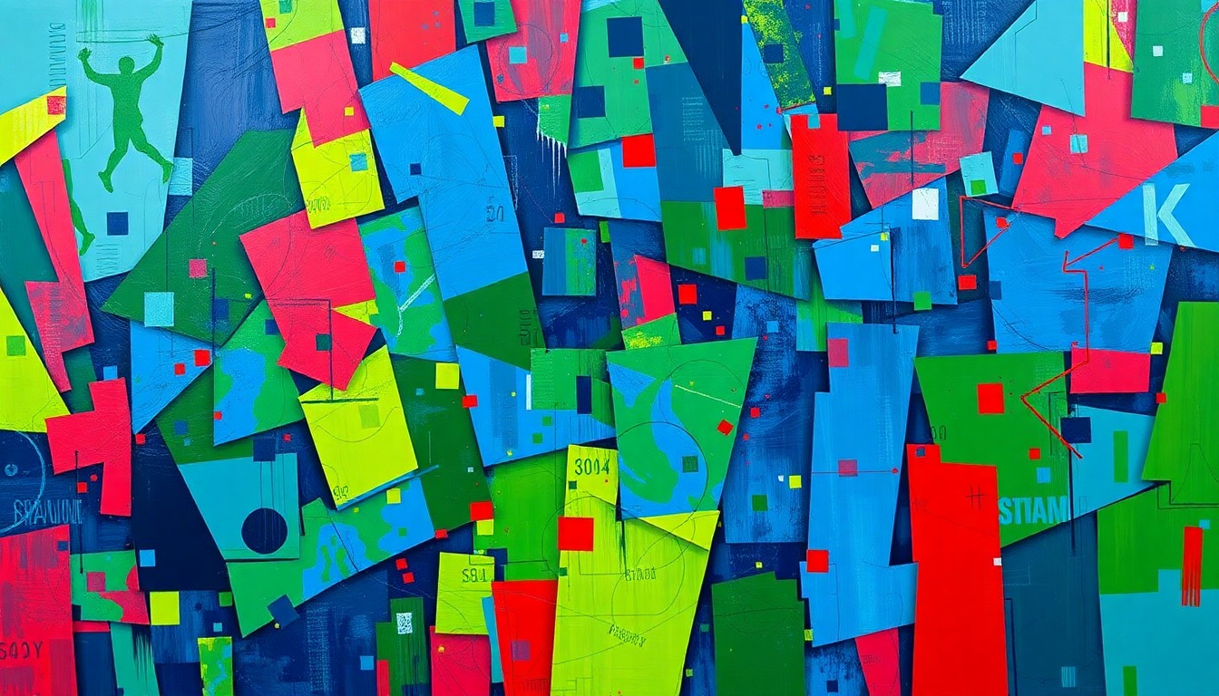 A visually striking, abstract painting featuring overlapping, fragmented shapes and lines in shades of blue, green, and red, conceptually representing the chaotic and fast-paced nature of the sports betting industry.