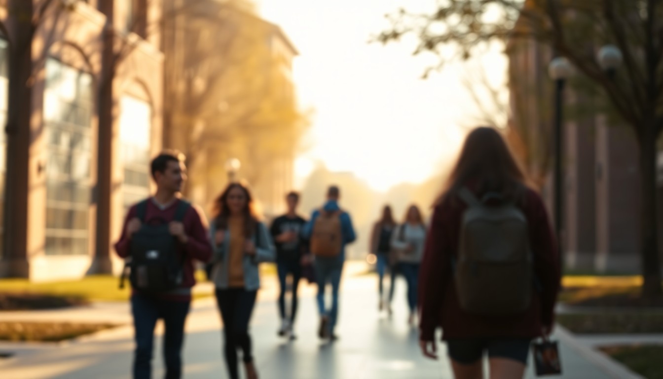 An impressionistic, dreamlike scene of students walking across a college campus, their figures blurred into abstract shapes of warm light and color, conveying a sense of possibility and opportunity.