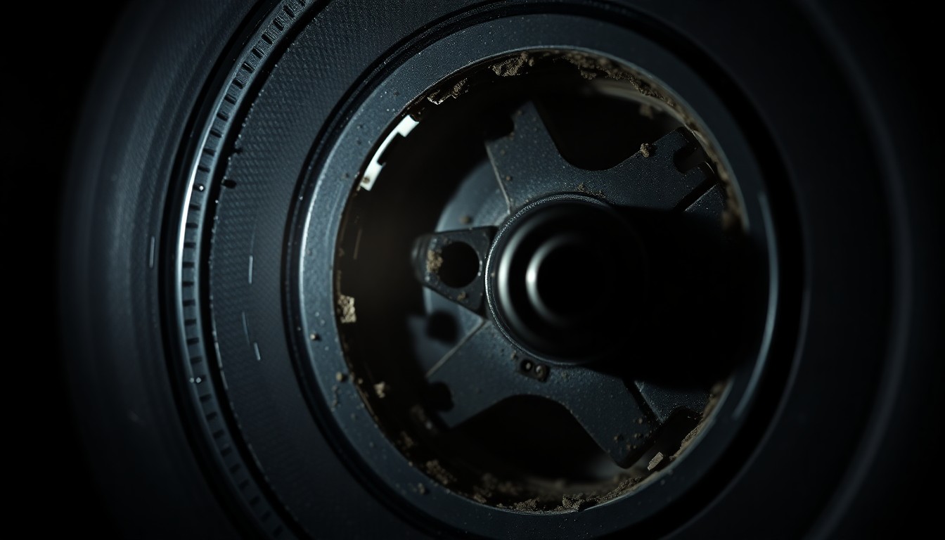 An extreme close-up photograph of a shattered electric skateboard wheel hub, the metal and plastic components dramatically lit by a harsh, direct camera flash against a pitch-black background, conceptually illustrating the aftermath of a serious collision involving an electric skateboard.