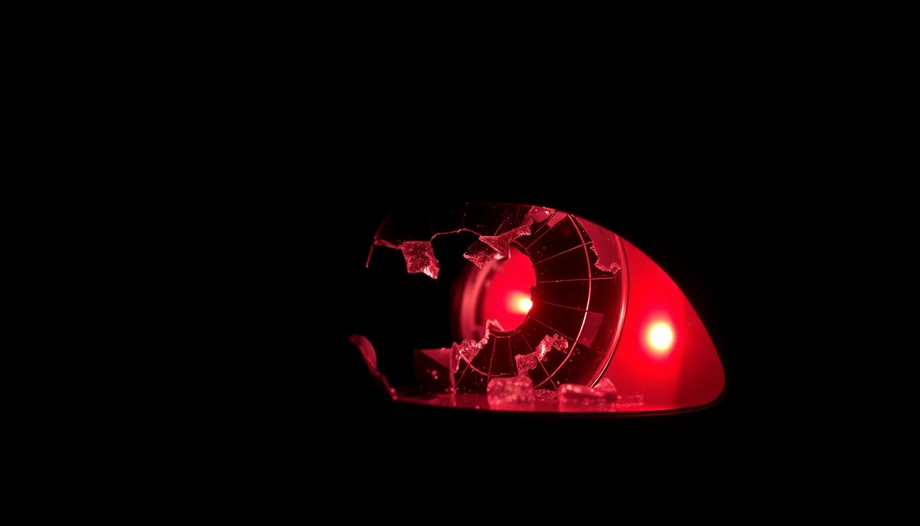 An extreme close-up of a shattered car sensor lens reflecting a faint red light, conceptually illustrating the devastation of a tragic highway accident.