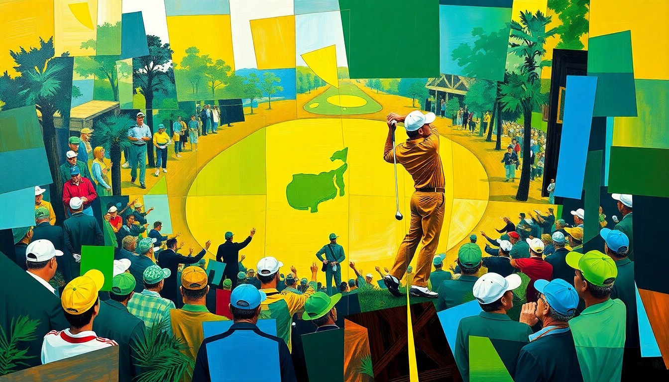 A cubist, geometric painting depicting the final moments of Jack Nicklaus' 1986 Masters victory, with overlapping planes of vibrant green, gold, and blue capturing the energy and drama of his dramatic comeback.