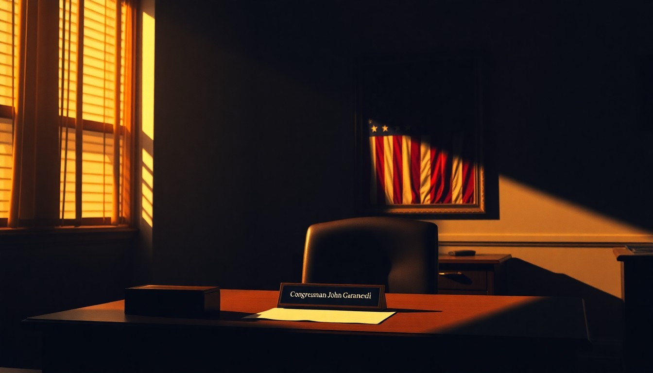 A dimly lit, cinematic painting of a solitary congressional office desk with a nameplate and American flag, conveying the serious, thoughtful nature of political decision-making around social programs.