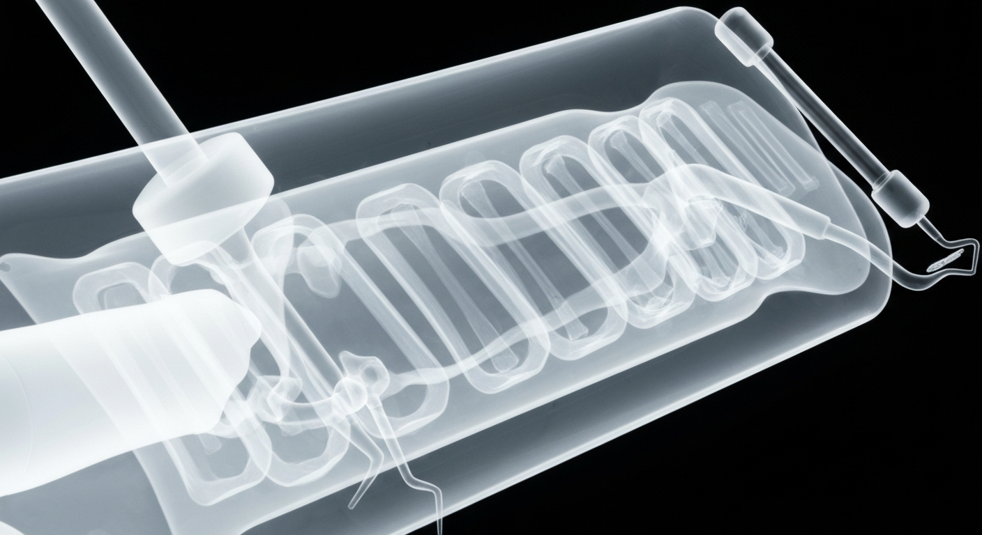A ghostly, translucent X-ray photograph revealing the intricate internal structure of dental tools and equipment, conveying the advanced medical technology and expertise at Aghbashian Dental.