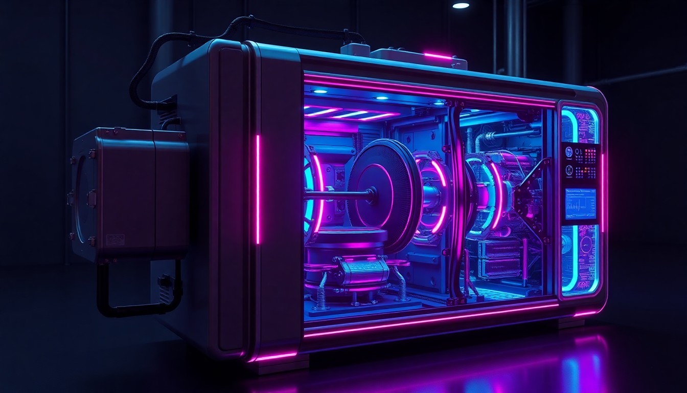 A highly detailed, glowing 3D illustration of an advanced EUV lithography machine, its internal components illuminated by neon cyan and magenta lights, conceptually representing the cutting-edge technology powering the next generation of semiconductor manufacturing.