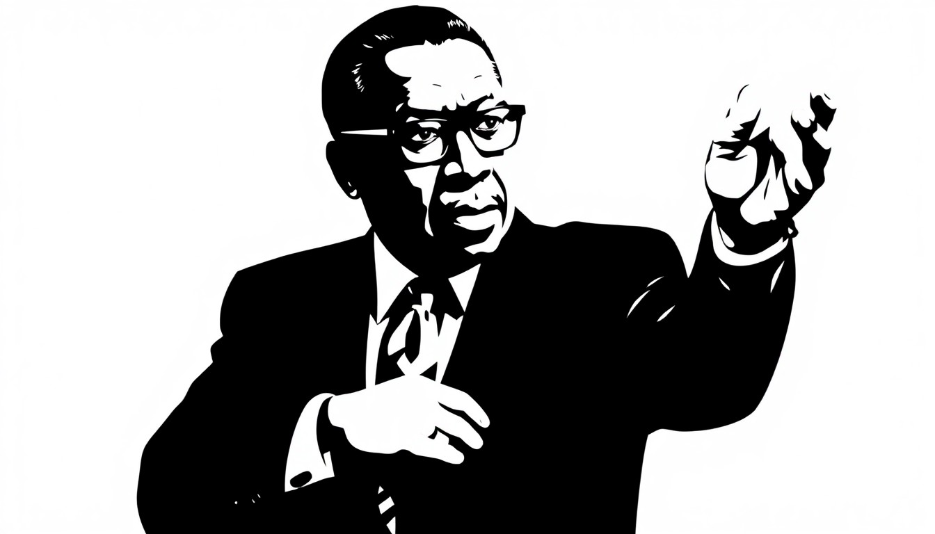 An abstract, minimalist composition using bold, jagged black silhouettes and stark white negative space to conceptually represent the life and legacy of Thurgood Marshall, the pioneering civil rights lawyer and first African American Supreme Court Justice.