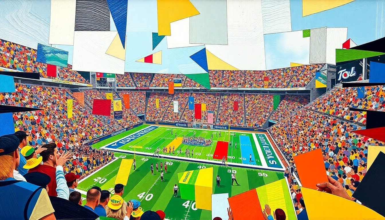 A cubist, geometric painting depicting a fragmented college football spring game, with sharp planes of color and overlapping perspectives capturing the dynamic energy of the event.