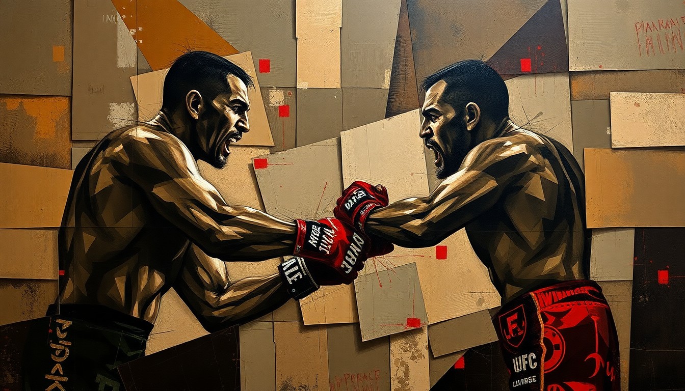 A fragmented, geometric painting depicting the dynamic movements and clashing forces of a heavyweight MMA match, with sharp planes of muted earth tones and deep red accents.