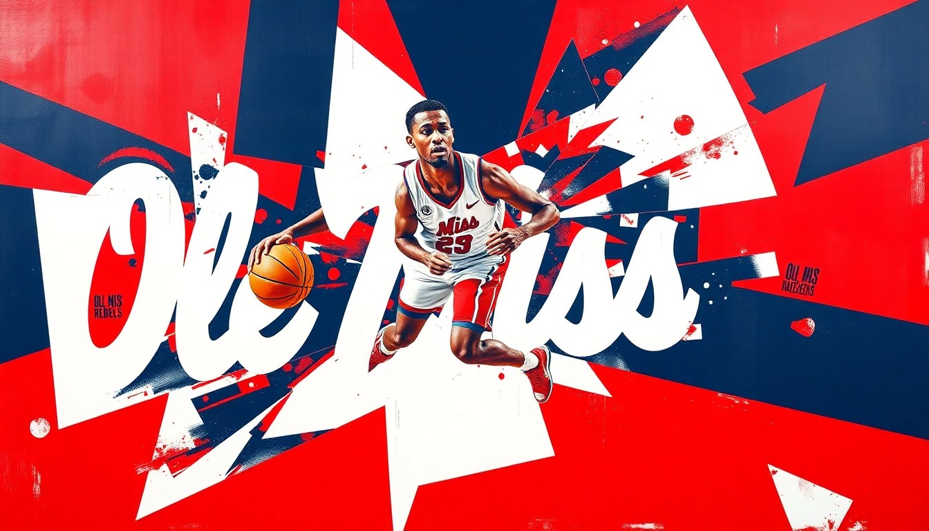 A cubist, geometric painting depicting a college basketball player in motion, with sharp, overlapping planes of color representing the dynamic and ever-changing nature of the sport.