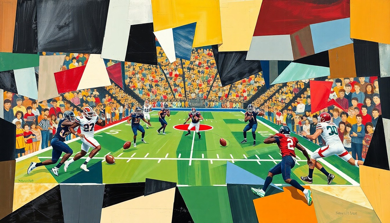 An abstract, cubist-style painting depicting a football game between two teams, with the players and action broken down into sharp, overlapping geometric shapes and planes in a vibrant color palette.