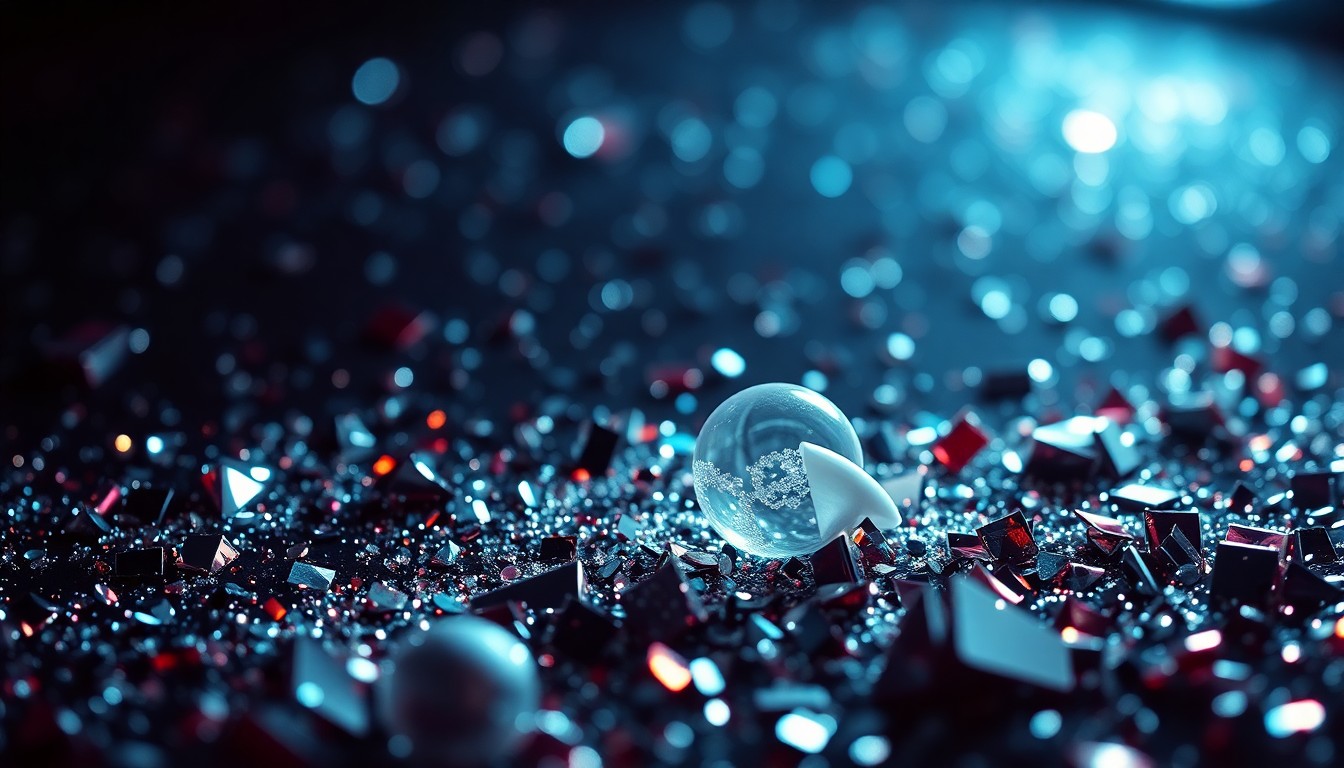 An extreme close-up of shimmering sequins and shattered glass reflecting bright studio lights, creating a high-fashion, glamorous aesthetic to represent the entertainment industry.