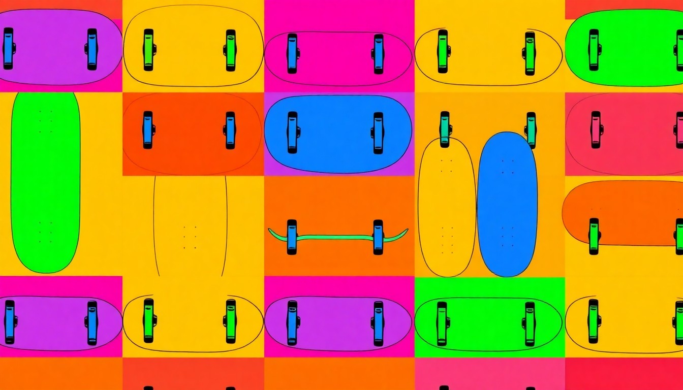 A bold, colorful silkscreen illustration featuring a skateboard deck repeated in a grid pattern, capturing the vibrant spirit of the new Terrell Mill Roller Park project.