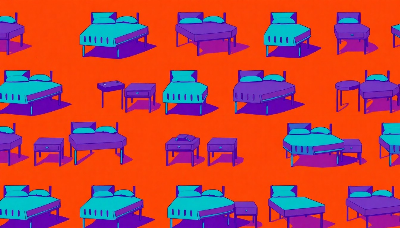 A grid of brightly colored, high-contrast silkscreen images of a single homeless shelter object, such as a bed or chair, conceptually representing the transformation of a vacant school into affordable housing.