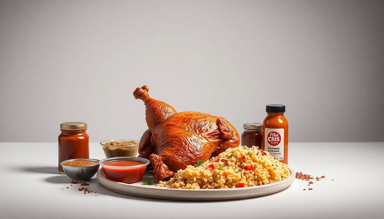 A high-end, photorealistic studio still-life photograph featuring a whole fire-grilled chicken, a side of Mexican-style rice and beans, and a selection of housemade sauces and seasonings arranged elegantly on a clean, monochromatic seamless background, conceptually representing the premium quality and authentic flavors of the new El Pollo Cris Cris restaurant in Hammond.