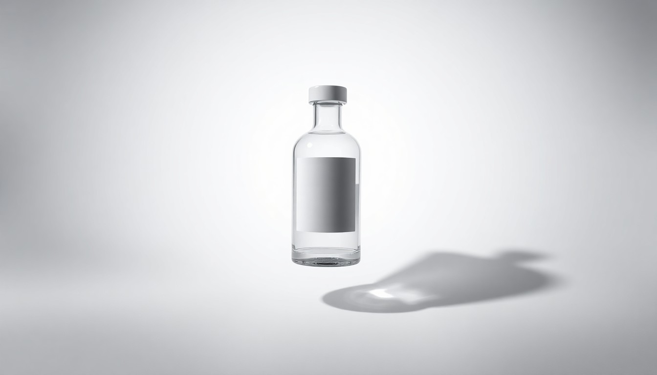 A highly polished, geometric glass bottle with a minimalist label floats on a clean, monochromatic background, representing the pharmaceutical industry's strategic shifts.