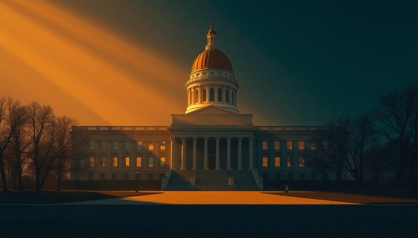 A serene, cinematic painting of the Iowa state capitol building in warm, golden light, conveying a sense of quiet contemplation as legislators work to reform the state's property tax system.