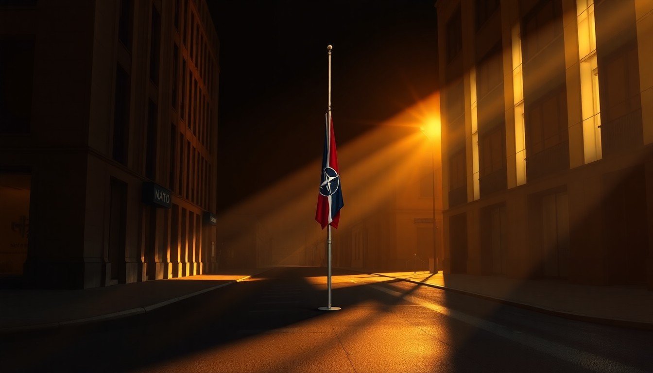 A serene, cinematic painting of a solitary NATO flag pole standing alone on an empty city street, the pole and surrounding buildings bathed in warm, diagonal sunlight and deep shadows, conveying a sense of quiet contemplation and unease about the alliance's role in global conflicts.