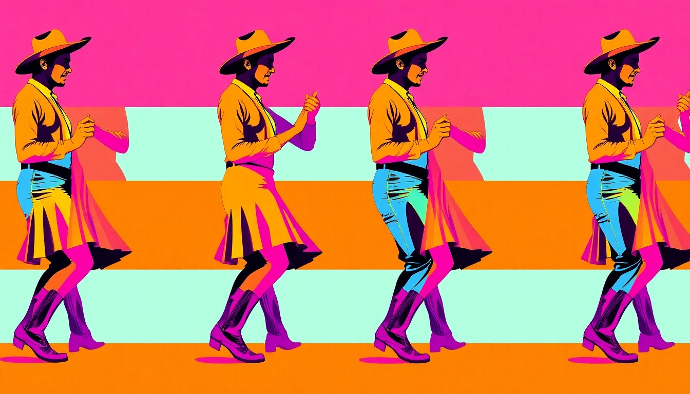 A vibrant, high-contrast silkscreen print depicting a repeated pattern of square dancing couples in cowboy attire, rendered in a bold, pop art style with bright neon colors and heavy black outlines.