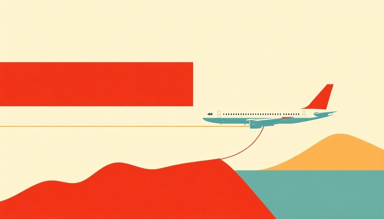 A minimalist illustration using bold geometric shapes and primary colors to conceptually represent the complex economic and environmental tradeoffs in California's proposal to fund sustainable aviation fuel through a tax credit program.
