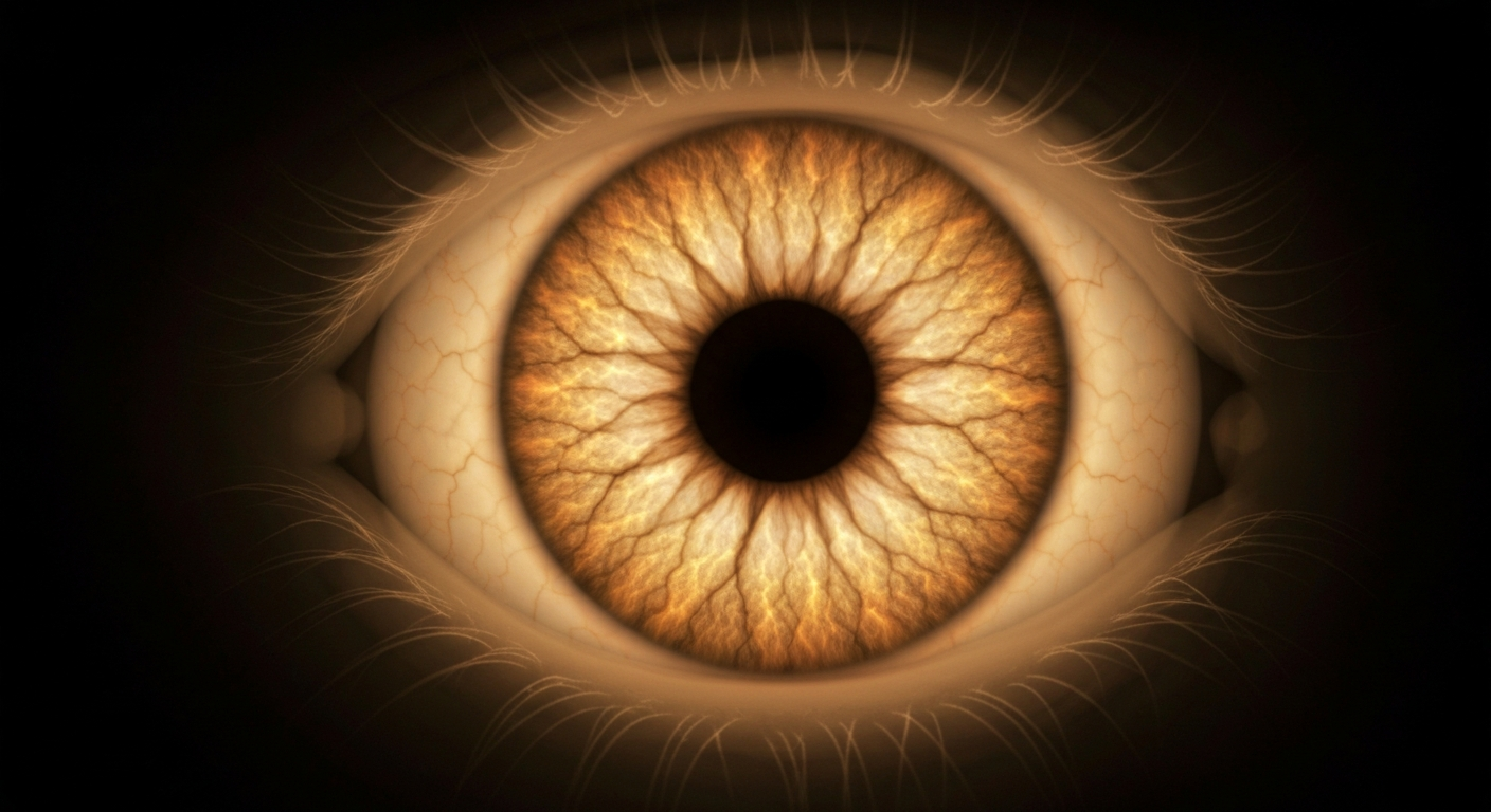 A ghostly, translucent X-ray photograph showing the internal structure of the human eye, with the sclera glowing in shades of amber, conceptually representing the yellowing associated with jaundice.