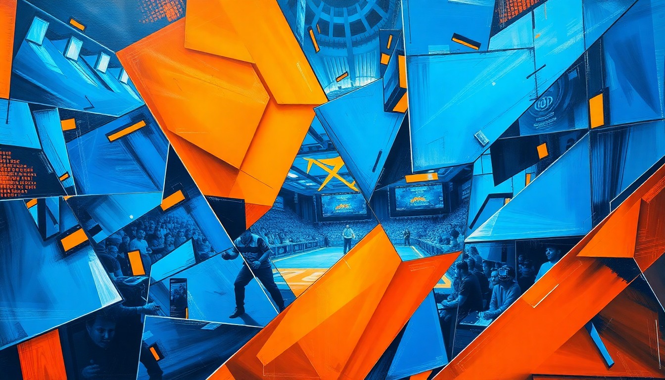 A fractured, multi-perspective painting in a cubist style, breaking down an intense esports competition into sharp, overlapping geometric planes in electric blue, neon orange, and metallic silver, conceptually representing the competitive energy and talent of collegiate esports teams.