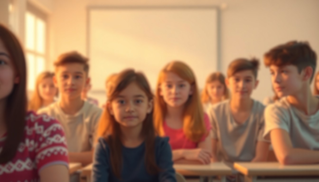 An abstract, out-of-focus photograph depicting the blurred silhouettes of students in a classroom, conveying a sense of connection and community through the use of warm, muted colors and soft, hazy lighting.