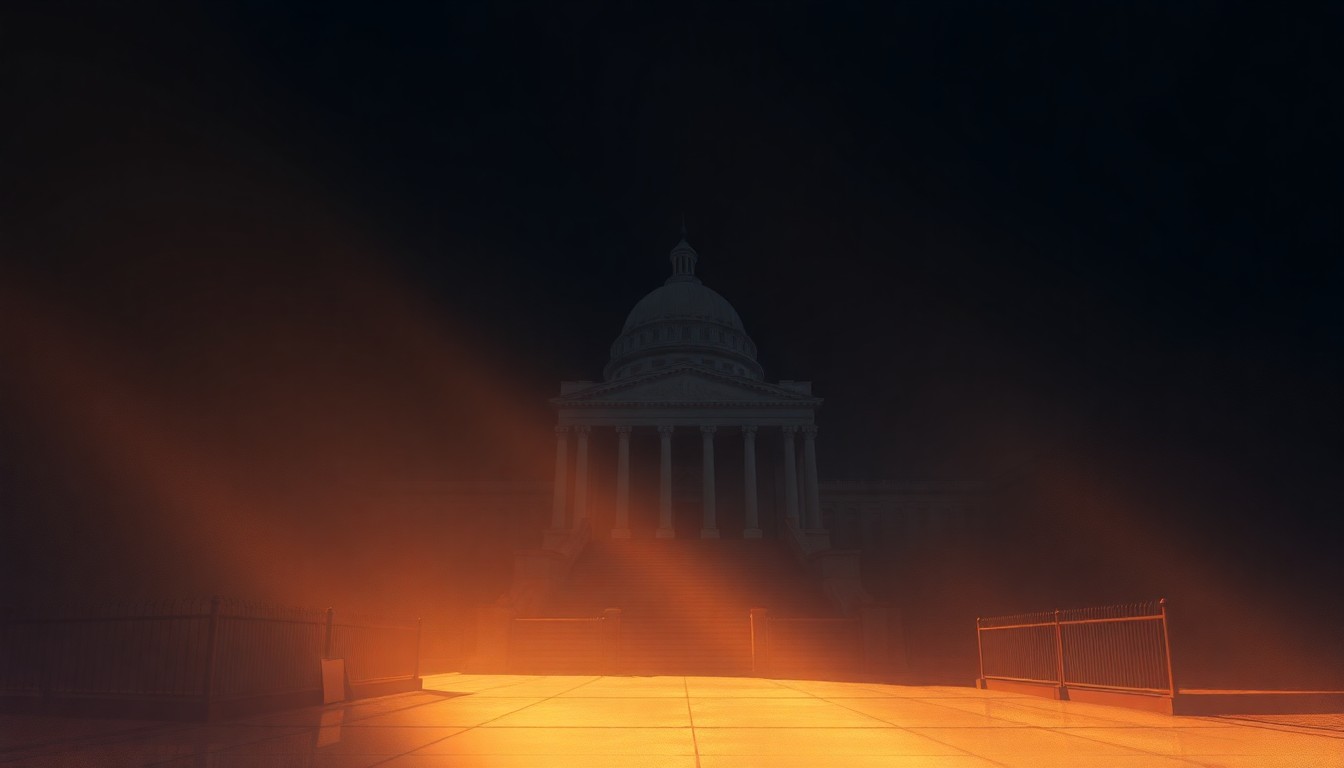 A cinematic painting of an empty state capitol building, with warm sunlight streaming through the windows and deep shadows across the facade, creating a sense of political tension and uncertainty.